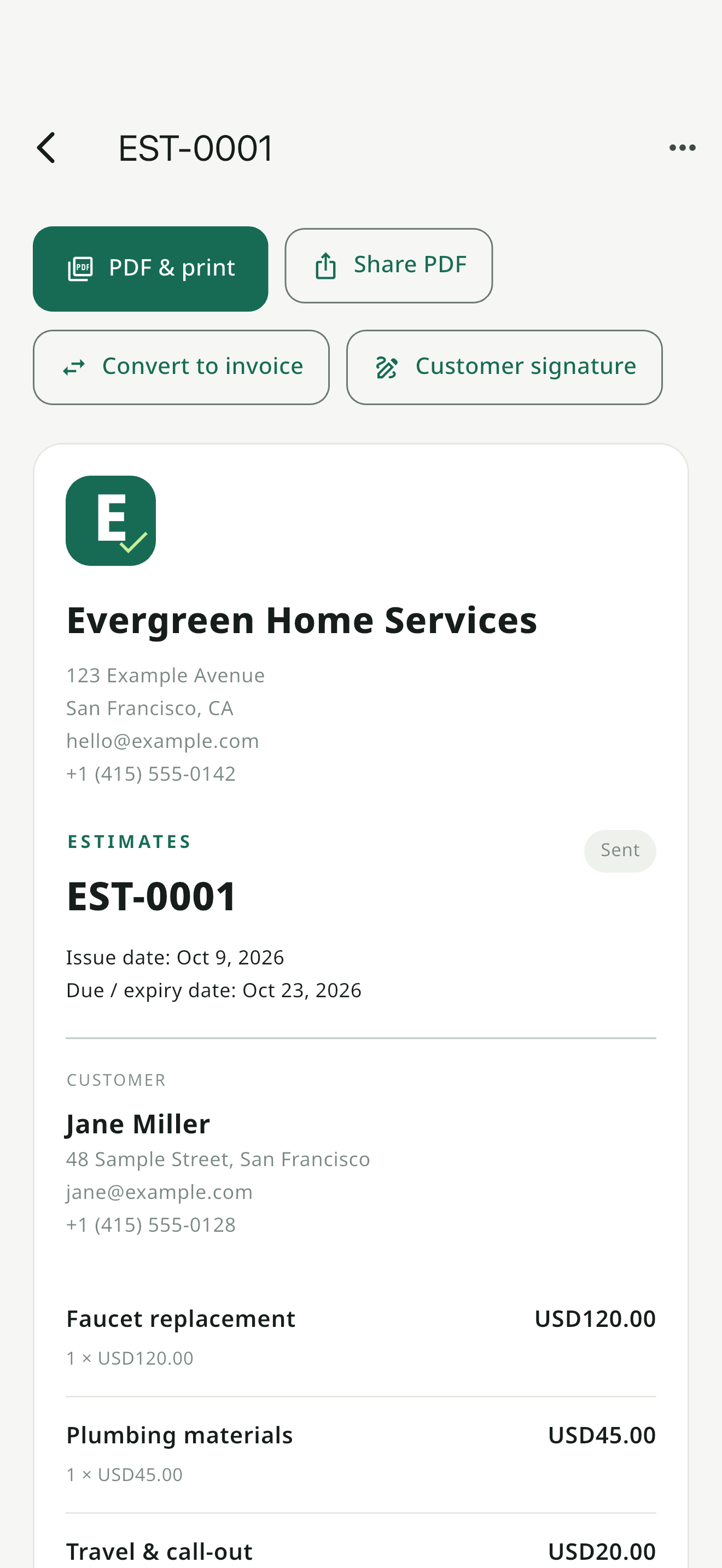 EasyEstimate: A clear, itemized estimate. Screen contains fictional sample data.