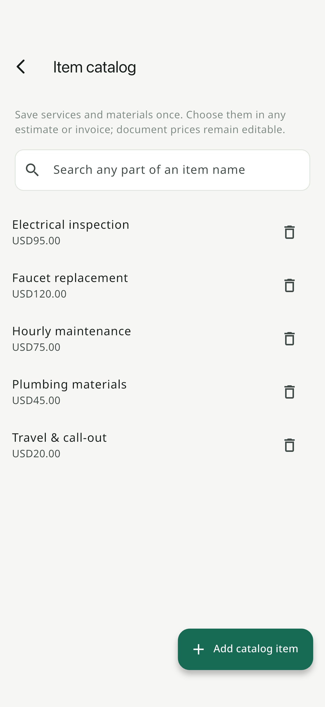 EasyEstimate: Your services, ready to reuse. Screen contains fictional sample data.