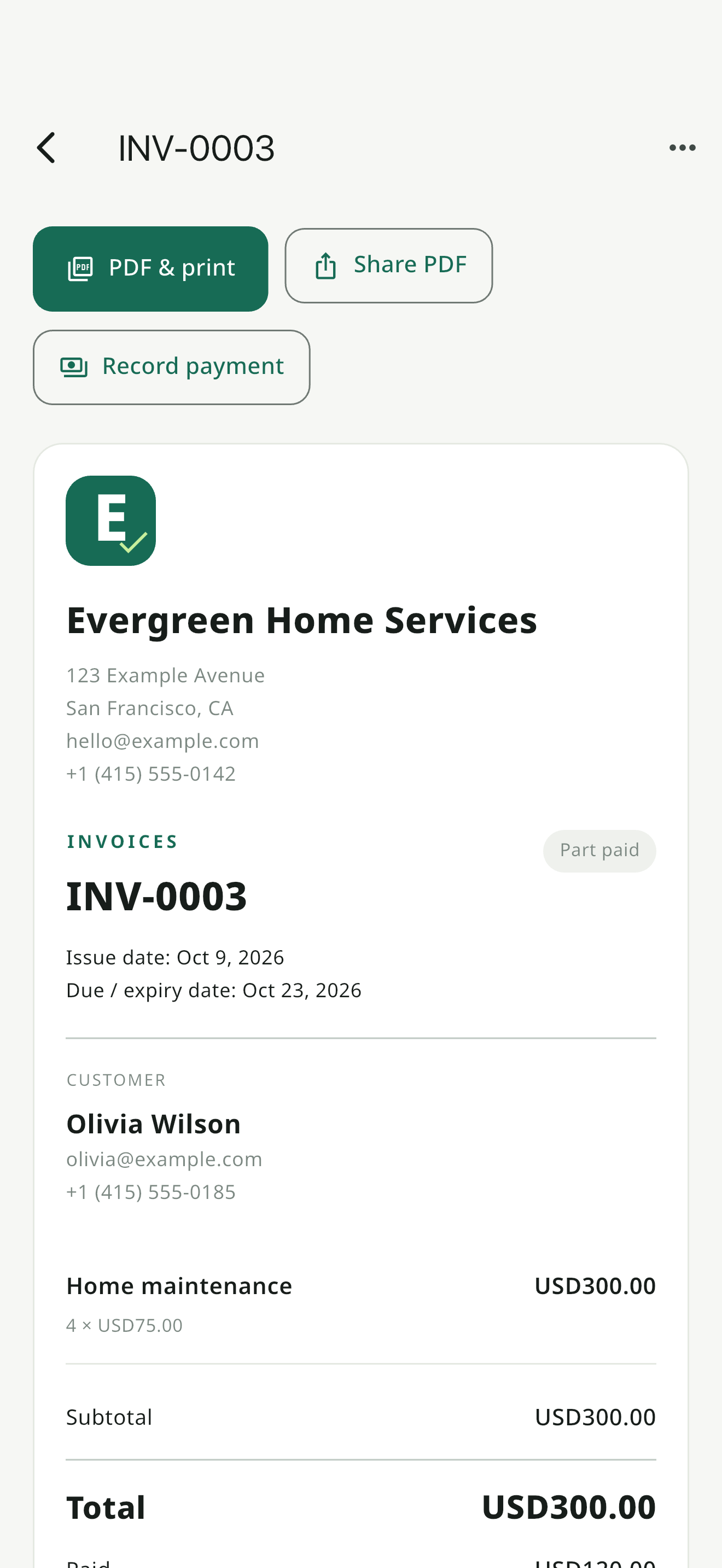 EasyEstimate: Payments at a glance. Screen contains fictional sample data.