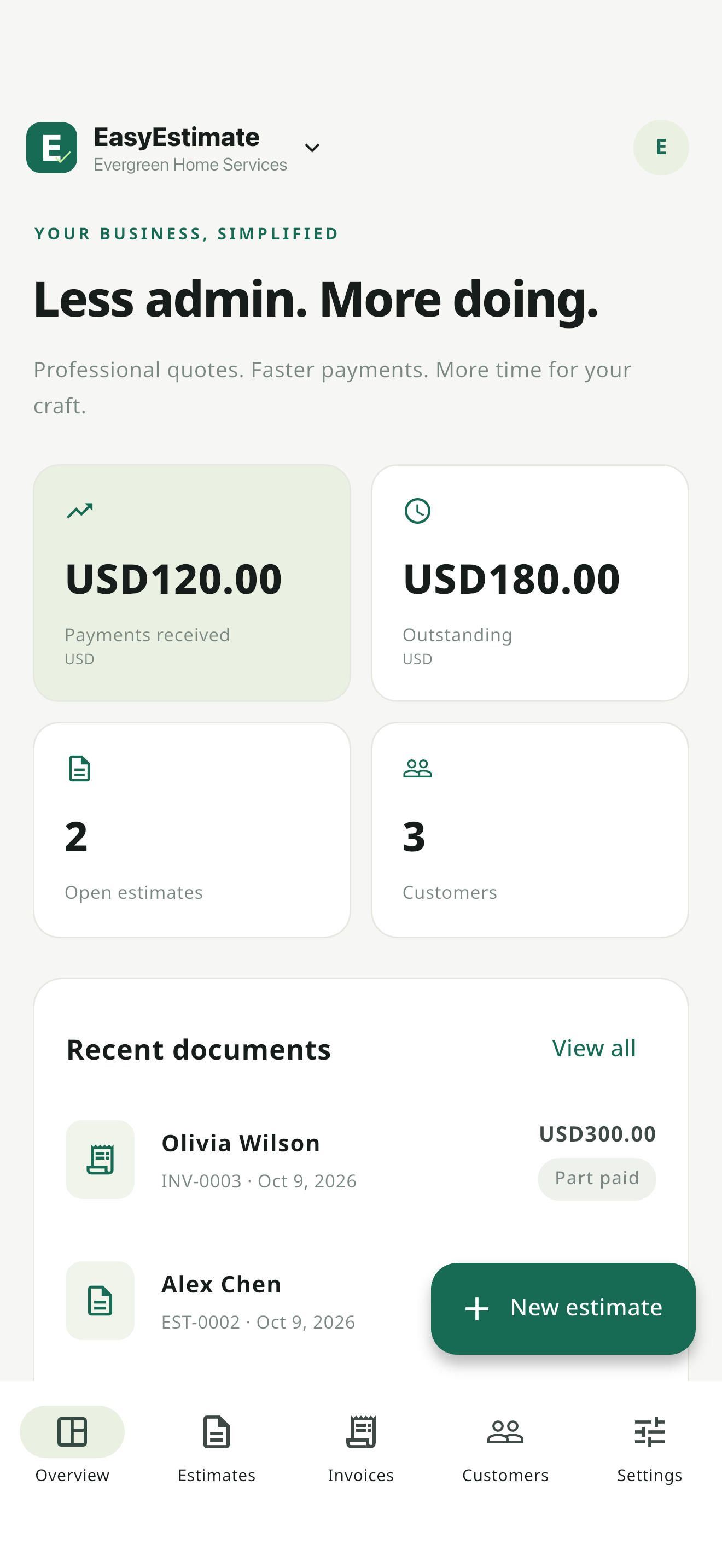 EasyEstimate business dashboard with sample estimates and outstanding invoice totals